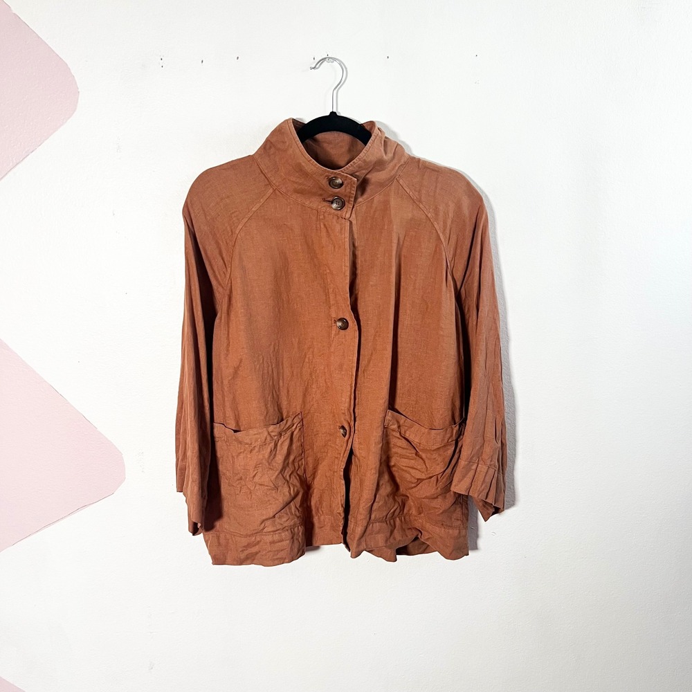 J. Jill 100% Linen Jacket Large Rust Orange Funnel Neck Lagenlook